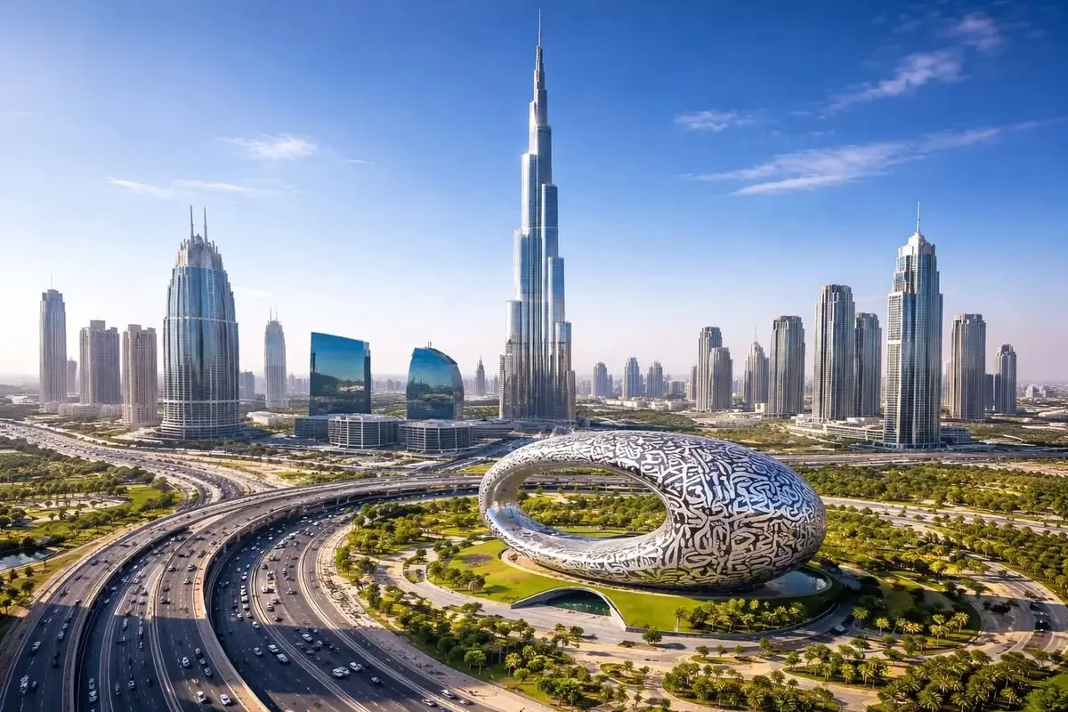 Downtown Dubai skyline — Burj Khalifa and the Museum of the Future
